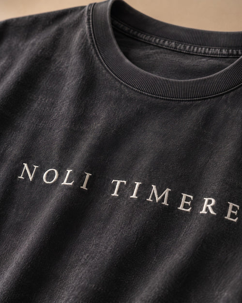 Polera Lavada 280 gr · Negra - detalle del bordado NOLI TIMERE