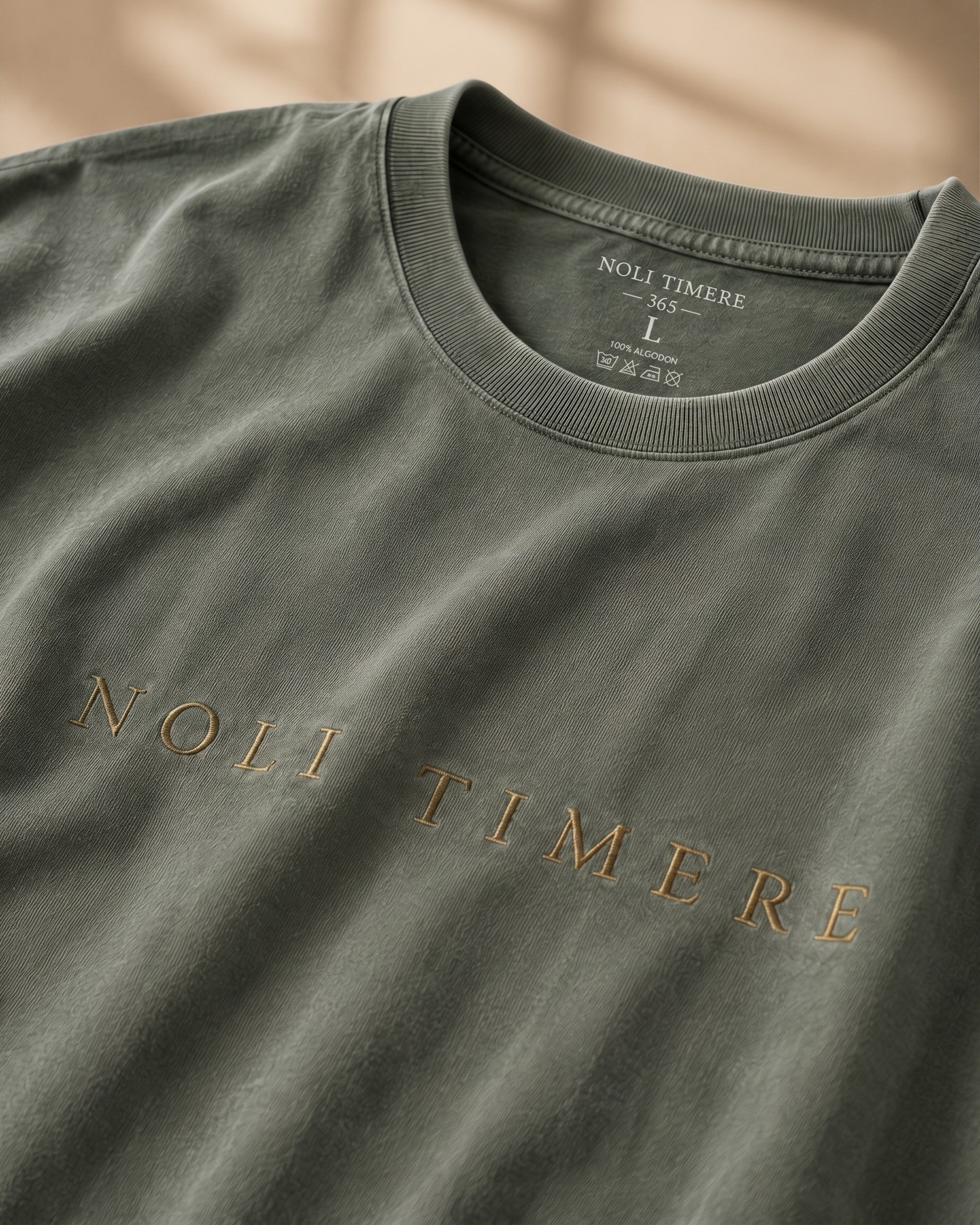 Polera Lavada 280 gr · Verde - detalle del bordado NOLI TIMERE