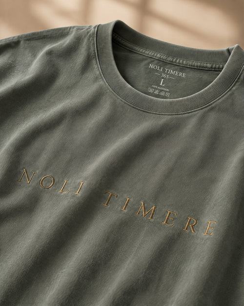 Polera Lavada 280 gr · Verde - detalle del bordado NOLI TIMERE
